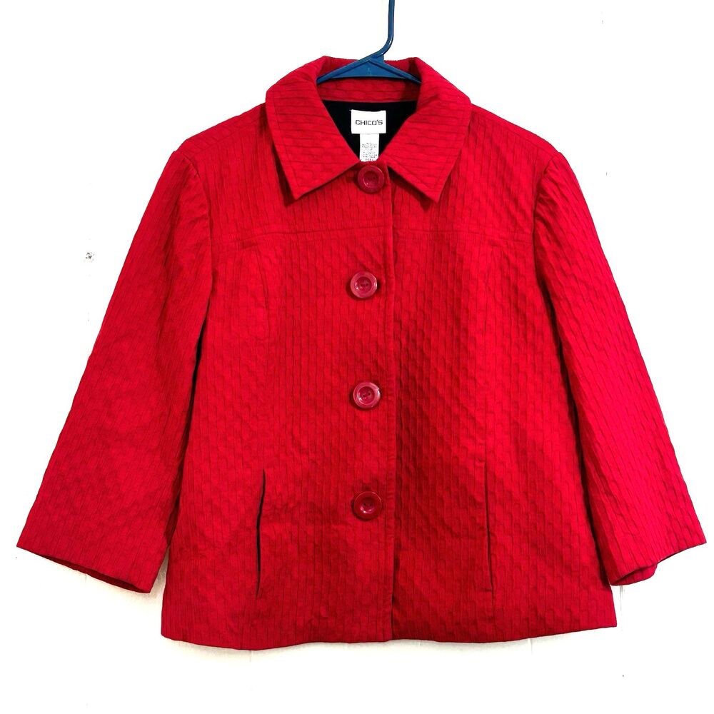 Chicos Women New Blazer Jacket Size 1=Medium Red Textured Lined 3/4 Sleeve